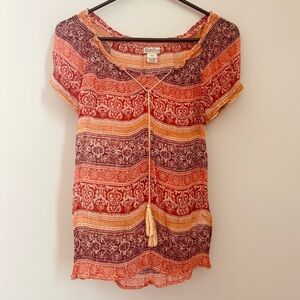 Lucky Brand boho short sleeve shirt with tassel ties in the front summer